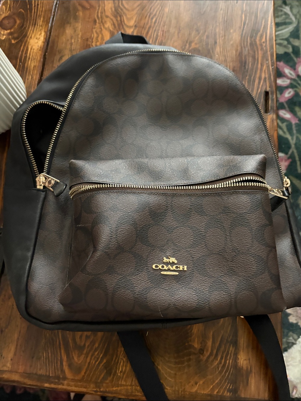 Coach Men's Dark Brown Signature Canvas Backpack with Gold Hardware